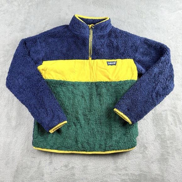 Levis Sweater Kids Medium 10/12 Yellow Green Navy Sherpa 1/4 Zip Pullover Cozy - Picture 1 of 14